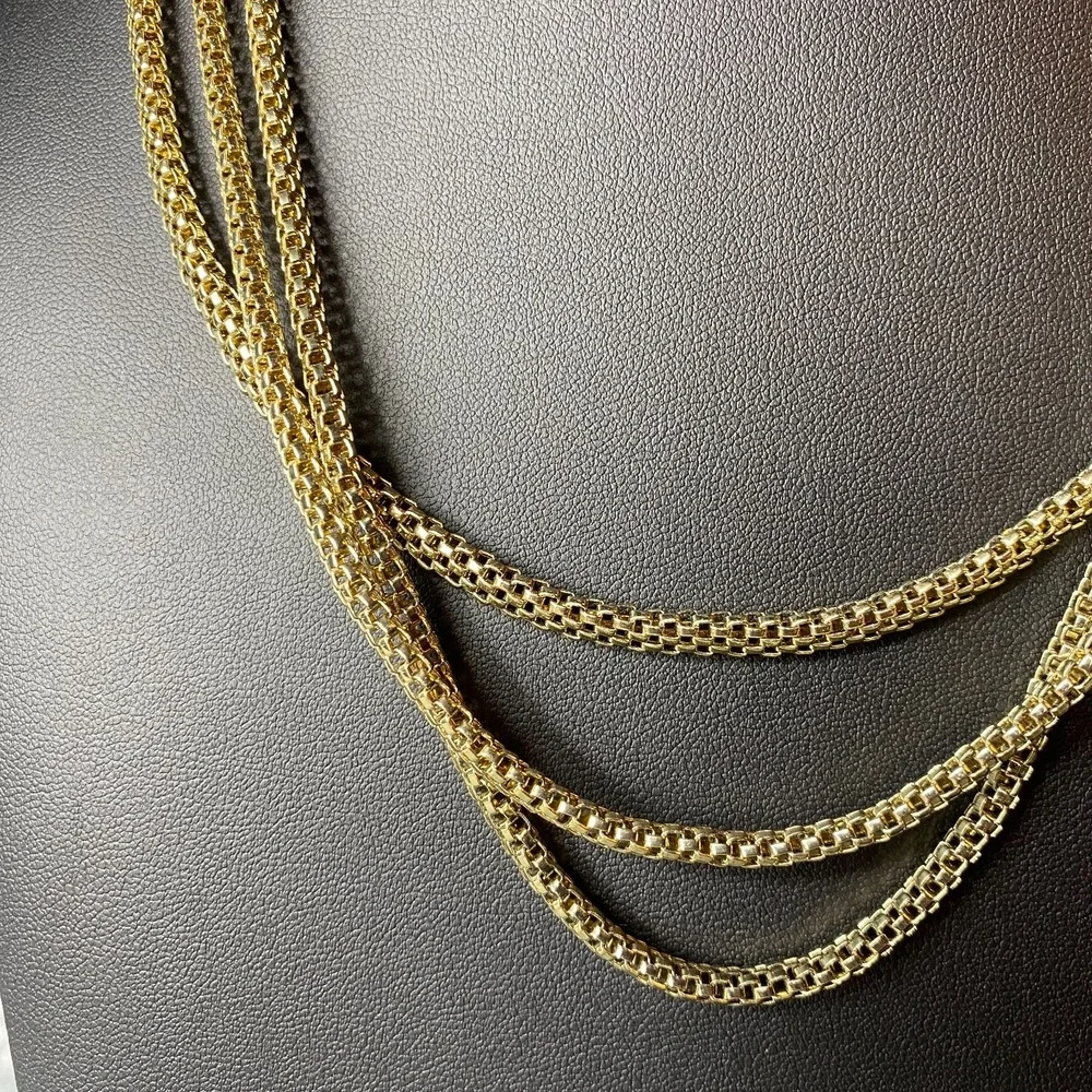 Gold Tone Mesh Style Triple Strand Chain Layered Necklace 20 inches Avon SAQ